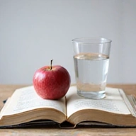 Libro aperto con una mela e un bicchiere d'acqua