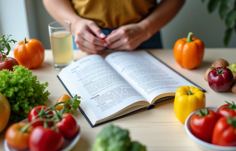 Una persona che legge un libro di nutrizione con frutta e verdura fresca intorno