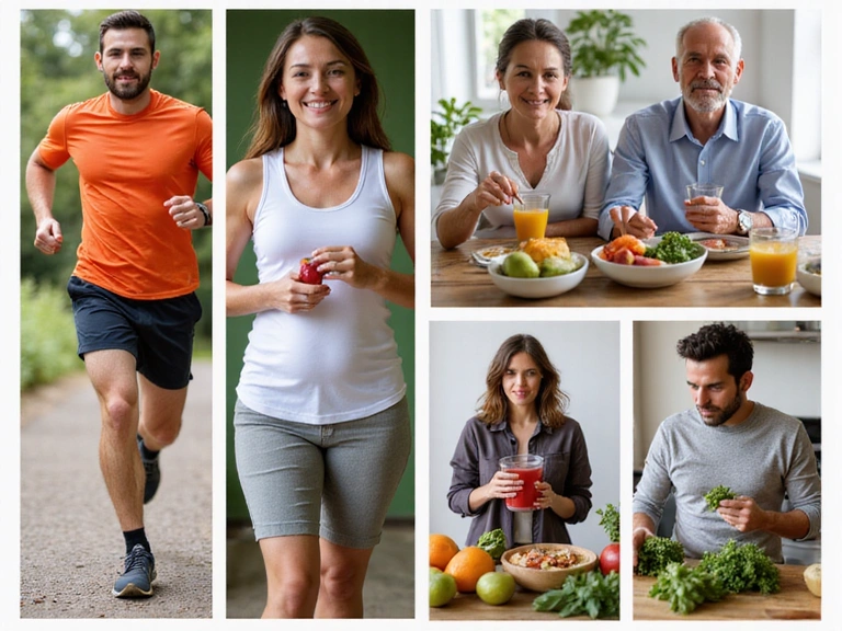 Diverse persone che praticano attività fisica e mangiano sano