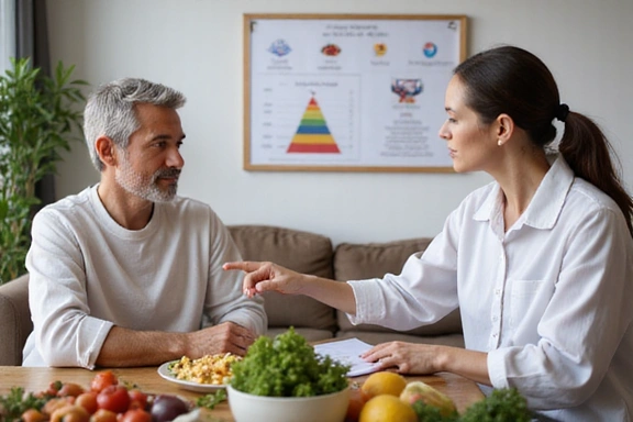 Una persona che consulta un dietologo per condizioni specifiche, con grafici nutrizionali e alimenti sani sullo sfondo.