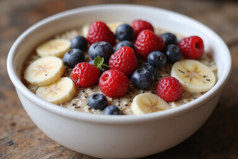 Un piatto di porridge d'avena con frutta e semi, un'opzione di colazione sana.